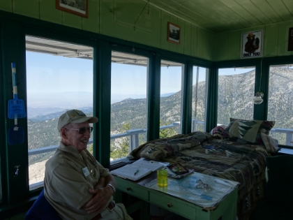 Here is the 89 year old watchman that hikes up to the tower with his wife every Monday, stays all week, and then hikes down on Friday. Aside from actually watching for fires, they give everyone a little tour of the tower, help with trail questions, etc.
