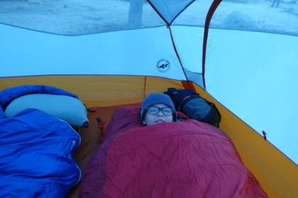 Testing out the tent and sleeping bag. Aidan's first time in a tent. He was right at home!