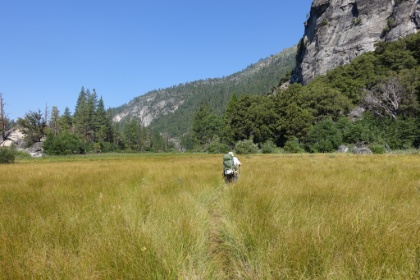 A very faint trail amidst waist high grasses is all we have to follow as we head West down the valley.