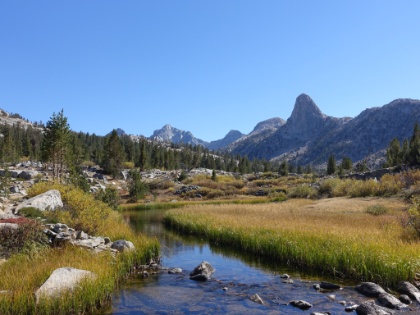 The stream connecting Dollar Lake to the lake above it. This section is unquestionably one of the most scenic areas of the loop.