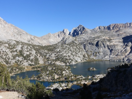 Now out of Sixty Lake Basin and heading back down to Rae Lakes. We're fascinated again by the pattern of lakes. Also a good a view again of that island in upper Rae Lake (on the right).