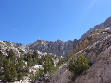 Lots of great, craggy peaks on the way down, and starting to get back into some vegetation. Somewhere around here, we came across probably my favorite person I have ever met on the trails. Looked like he was in his 60s, big beard, with a  huge  pack on. There was stuff hanging off his pack everywhere, including an extra pair of hiking boots and a big solar panel on top. He looked like a backpacking Santa Claus. He was moving at a snail's pace but was happy as could be. He was doing the entire JMT solo starting from Yosemite Valley and was on his 25th day. According to him, his pack was somewhere between 60 and 70 pounds, and he said "I don't know what I'm carrying that everyone else doesn't carry??". We could have chatted with him for hours, but we pressed on.
