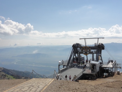 Start of Day 1. I drove my rental car up to Jenny Lake (my ending trailhead four days later) and took a taxi back down to Teton Village to take the tram up to the starting trailhead. The tram goes to the top of Rendevous Mtn at 10,450'. Normally I refuse to cheat by taking a tram, but in this case gaining 4,000' in 15 minutes saved me an entire day of backpacking. Next time, if I have an extra day, I may start at the bottom and come up either Death or Granite Canyon. It's a mass of tourists here at the top, but 95% of them never leave the lookout spot.
