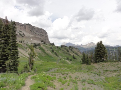 A good look at the Death Canyon Shelf. The shelf is maybe a couple hundred yards wide. It's part of the way down the wall of Death Canyon with sheer cliff faces both above and below.