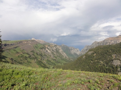 A late afternoon look down Death Canyon. The picture just doesn't even come close. This canyon is almost 3,000' feet deep. Standing here in person has much the same awe inspiring feeling as standing at Inspiration Point in Yosemite Valley.