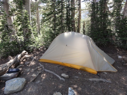 Camp setup for Night 3. The pads used to be right down on the lake shore, but they moved them a short distance away to restore the lake area. This site actually has a bear box, so I don't have to worry about living out of the Bear Vault canister tonight. Definitely makes life easier.