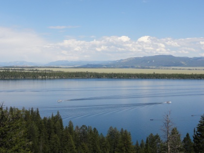 A zoomed-in view of the two shuttle boats that make rounds all day back and forth across the lake.