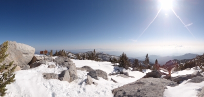 Super hi-res panorama. I start heading down just after 5:00pm. If I make at least 2:1 time on the way back to Long Valley, I could actually make it to the lodge before dark. Since there's no snowstorm this time, I have much easier navigation and my tracks should still be visible the whole way back. I should be able to make pretty good time and I'm confident finding my way back in the dark by headlamp if need be.   View Full Size
