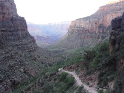 A look across the canyon from the end of the Tonto Platform as the trail gets ready to climb the brutal set of switchbacks known as Jacob's Ladder. Similar to the North Kaibab trail, the trail here is only able to make it to the rim by following breaks in the cliff made by the Bright Angel Fault.