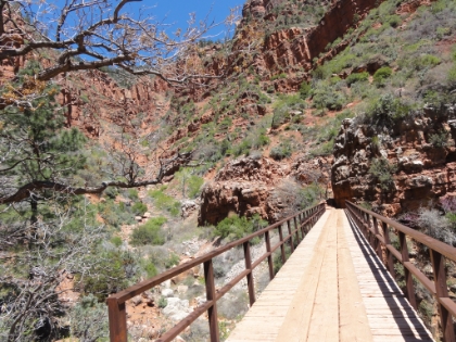 The Bridge in the Redwall. This bridge spans high across the canyon. It was built in 1966 when the North Kaibab trail was re-routed after a flood destroyed most of the previous trail.