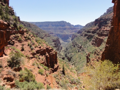 Looking down Roaring Springs Canyon at an elevation just above 6000'. You can see the trail winding up the canyon and crossing the Bridge in the Redwall far below.