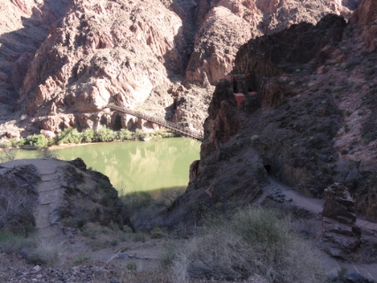 The end of the South Kaibab trail winding down to the river, through the tunnel, and across the suspension bridge.