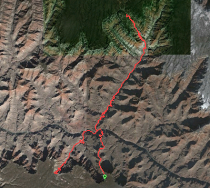 Google Earth map showing the full round-trip including the return up Bright Angel. GPS data is from a Garmin Oregon 300.