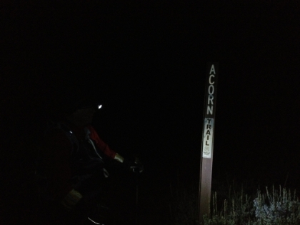 After about an hour coming down the Acorn Trail in the darkness, we finally made it back to the trailhead, illuminated here by Dad's headlamp. About 12 1/2 hours total round-trip. A challenging day with no major mishaps, couldn't ask for more.
