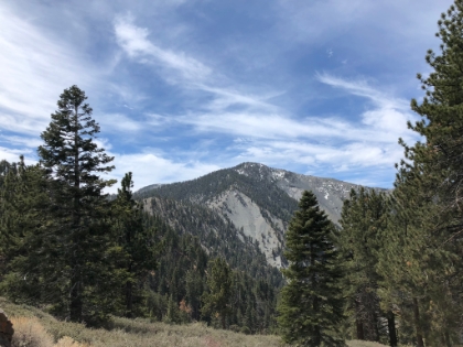 First view of Pine Mtn and the crazy ridge trail leading up to it. I wasn't anticipating snow up there! There was no visible snow anywhere on the South face or even driving up to Wrightwood. That might make for a longer day.