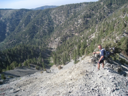 A picture of Dustin going down the narrow ridge along the Backbone trail below Pine Mtn.