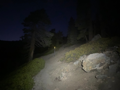 The lighting is not realistic because of the camera, but this gives you some idea of the reflective markers that help guide the way at night up the hard to follow "choose your own adventure" section above the bowl. These are a relatively recent addition and are a big help. You can see two more dots in the distance.