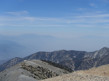Looking out over Mt. Harwood towards a hazy San Jacinto and San Gorgonio in the distance.