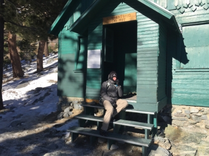Made it back down to the hut. Dad's pic of me taking a quick break. Temps are back up into the 20s now, which makes taking a break much more comfortable.
