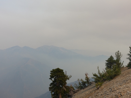 The smoky view of Mt. Baldy and Iron Mountain from the Baden-Powell summit.