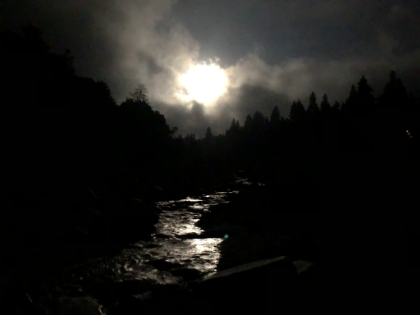 Full moon over Mill Creek. One of my all-time favorite trail scenes. I only wish I had a camera with me that could do it justice. It was a full moon in an otherwise pitch black sky, fringed by the clouds, and lighting the water on the creek so well that you could see every ripple.