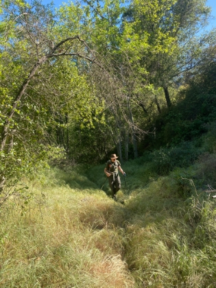 Heading back through the lush green meadows.
