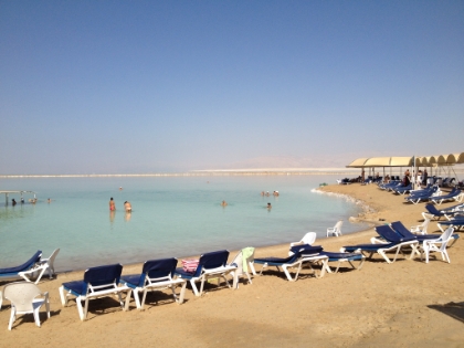 After the tour of Masada, we headed down to the Dead Sea. It is the lowest spot on the surface of the Earth at 1,401' below sea level. It's pretty weird driving for miles  down  the highway from the "Sea Level" marker. The Dead Sea plays a very important part in biblical history.