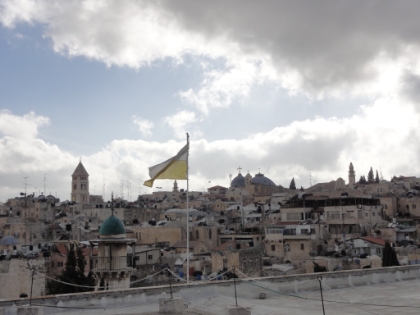The domes of the Church of the Holy Sepulchre in the distance. As we were on the roof, the Muslism call to prayer (Adhan) started on the loudspeakers located throughout the Muslim quarter. An amazing experience.