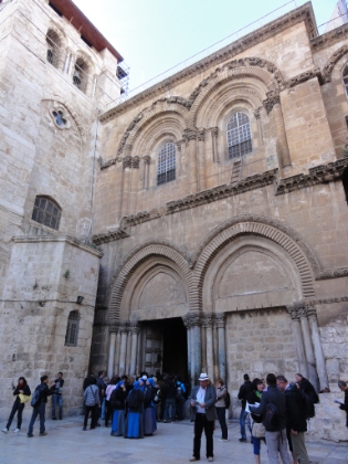 The courtyard outside the Church of the Holy Sepulchre, the holiest place on earth for Christians. It is built on top of the Golgotha, the hill on which Jesus was crucified, buried, and resurrected. The church is controlled by a complex (and very contentious) arrangment between seven different Christian sects. Absolutely nothing can be touched or moved without breaking the status quo. The ladder on the balcony, now called the "Immovable Ladder", has been in that exact position since 1852 for fear of breaking the status quo.