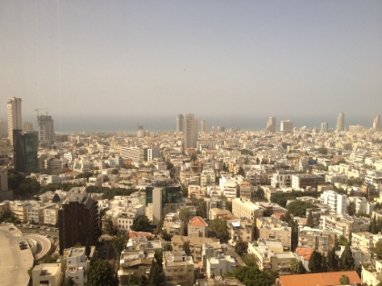 A view from the office with the Mediterranean Sea in the distance. It's on the 28th floor in the heart of Tel Aviv.