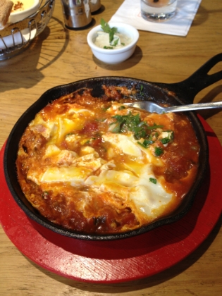 My breakfast in Haifa. This is Shakshuka, a traditional breakfast of eggs and tomato. Amazingly fresh, and amazingly good.