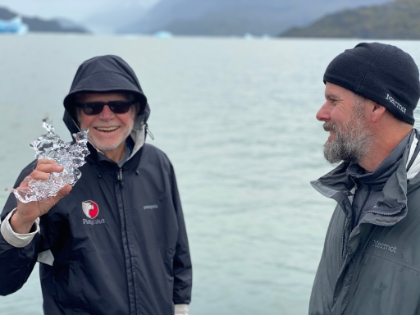 Dad finds a cool mini iceberg, and I'm sporting my lobster fisherman look.