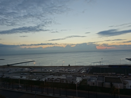 My last couple days in Barcelona, I moved to a hotel near the Mediterranean at the beach near Nova Mar Bella. Unfortunately, the temperature was in the 40s, so not exactly beach weather. Here’s the morning view from my hotel room.