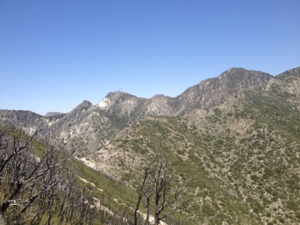 The first good view of Mt. Disapointment on the left and San Gabriel Peak on the right. You can see the trail heading-up Markham Saddle.