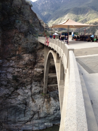 Another view of the bridge. It's probably a couple hundred feet down to the rocks below. There's a group of really nervous looking people ready to start jumping.