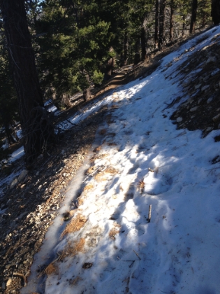 After leaving Mt. Islip, the trail drops to the shady side of the ridge and the snow starts getting heavier.
