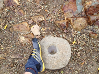 Made it to the top. The temperature is in the low-to-mid 30s and I'm only wearing shorts, a long sleeve t-shirt, and a light wind shell. It's uncomfortably cold, probably borderline dangerously cold given my lack of warm clothes. On the positive side, this was my longest trail run to-date in barefoot/minimal shoes, this time the Merrell Trail Gloves seen here. Overall, the minimal experience went well.