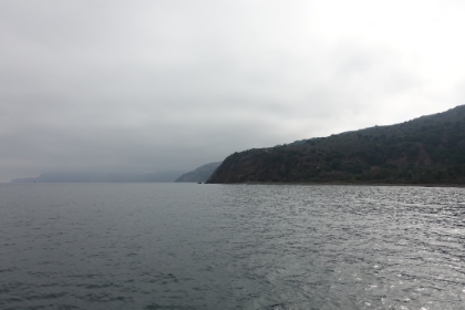 Looking down the coast from Prisoner's Harbor. It's pretty overcast when we arrive, which is evidently very normal for the islands. But it would clear to be perfect weather later in the day.
