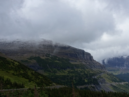 Fresh snow on the nearby peaks as we make it to Logan Pass at 6,646' above sea level.