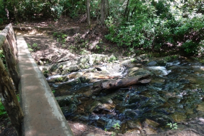 A typical creek crossing throughout the Smokies with a narrow footbridge with rail on only one side.