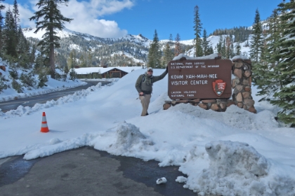 We arrive at the Kohm Yah-Mah-Nee Visitor Center to find at least a couple feet of fresh snow. Definitely gives a different look to an otherwise fairly barren volcanic mountain.