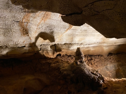 One section of the cave is composed of dolomite. The small holes are formed by a chemical reaction.