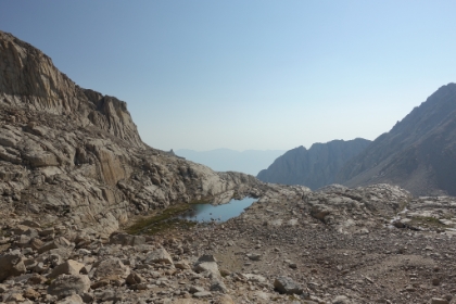 Starting to climb the infamous 97 switchbacks, looking down at the little lake next to Trail Camp.