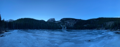 Panorama of Bear Lake. There's a trail going all the way around the lake, and I have just enough time before dark to try it. It was somewhere around here that I accidentally dropped my phone, and it went sliding across the ice out onto the lake. Fortunately, I was able to quickly retrieve it, but that could have been bad.