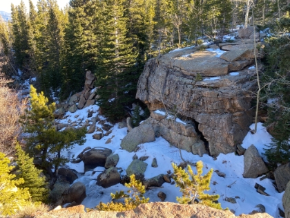 Made it to Alberta Falls. Normally this would be a roaring cascade flowing from right-to-left, but it's almost entirely frozen over.