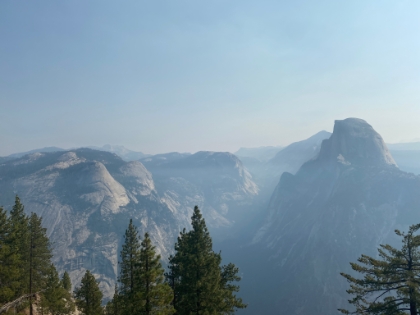 The views were smoky for most of the week due to the wildfires, but they tended to clear up a little in the afternoon. But smoky or not, the view from Glacier Point is always awesome. Here we see North Dome, Basket Dome, and Half Dome.