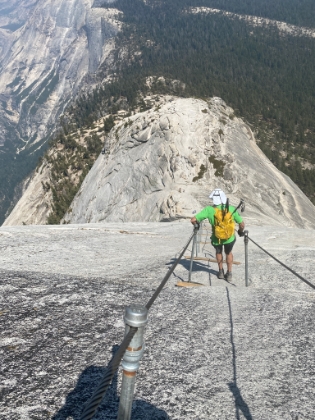 Now for the fun part. Heading down the cables is unquestionably tougher than heading up. Dr. Rock decides to try it facing out rather than facing the rock.