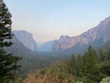 We stop at Inspiration Point on our way out of the Valley. The view is hazy from fire smoke but is still as awesome as ever.