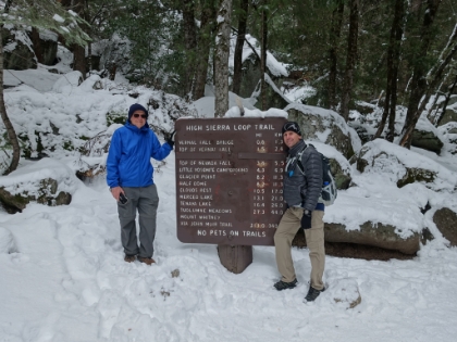 We make our way to Curry Village and then hike out to Happy Isle and the start of the trail to Half Dome. A picture my Dad and I have taken many times. But never in the snow. Note that the Mist Trail is closed and covered for the season.
