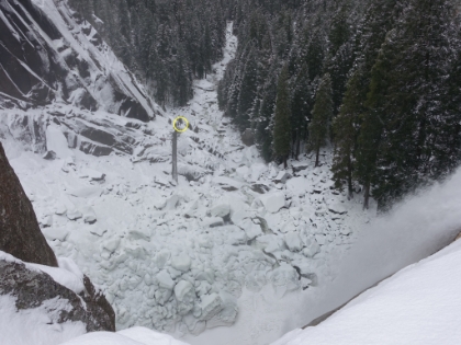 Looking down the canyon from the top of Vernal Fall. Circled in yellow, you can see my dad (to the right of a tree) standing where I left him about 20 minutes ago. You can also faintly see the Mist Trail path as it makes its way up and around the snow covered wall.